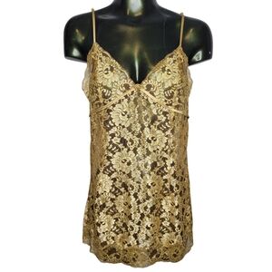 90's Vintage Victoria's Secret Gold Floral Lace Mini Slip Dress V-neck Small